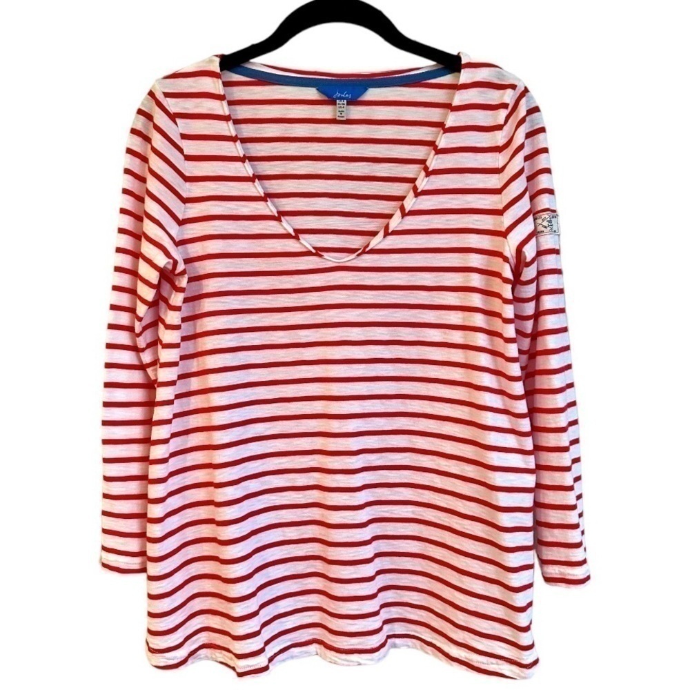 JOULES, RED & WHITE NAUTICAL, V-NECK,SWING TOP. 3/4 SLEEVES & ROUNDED HEM.SIZE 4